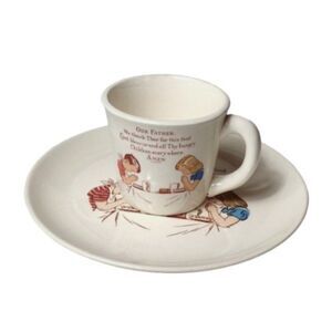 Vintage c1950s Children's‎ Ceramic Handled Cup and Saucer Prayer Grace Religious